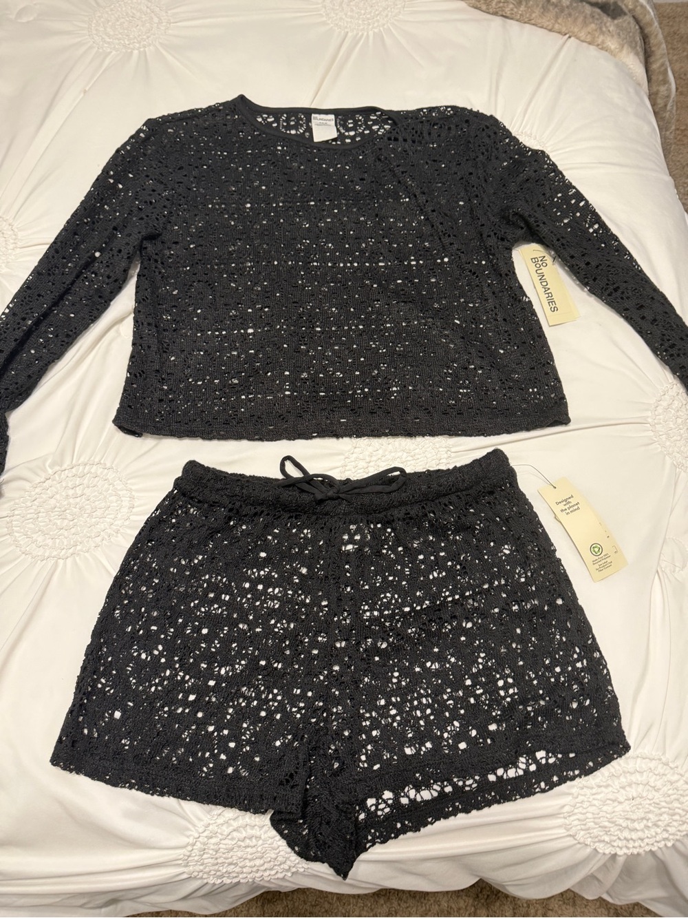 No Boundaries Black Crochet Two-Piece Lounge Set. Shorts XS.. too Small.